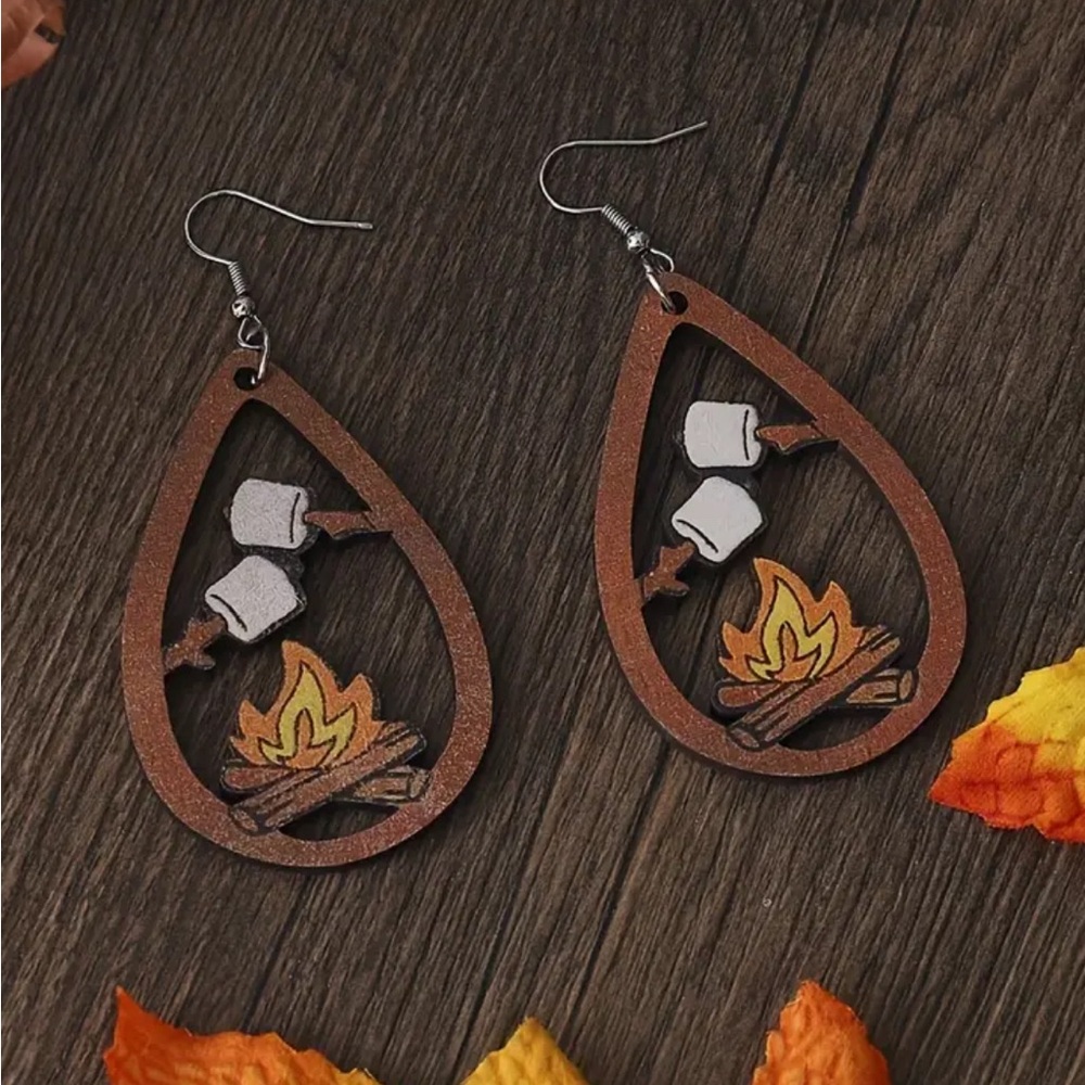Cute wooden campfire teardrop earrings